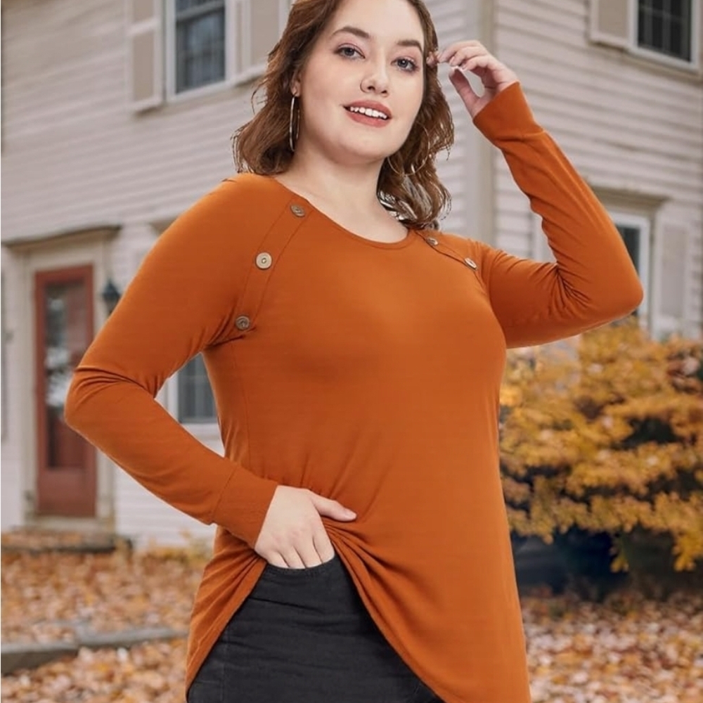 Women’s Plus Size 3X Burnt Orange Raglan Button Long-Sleeve Tunic Top